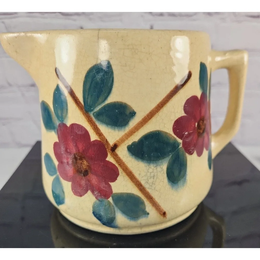 Vintage Yellow Ware Pottery Pitcher with Flowers Farmhouse Rustic Chic